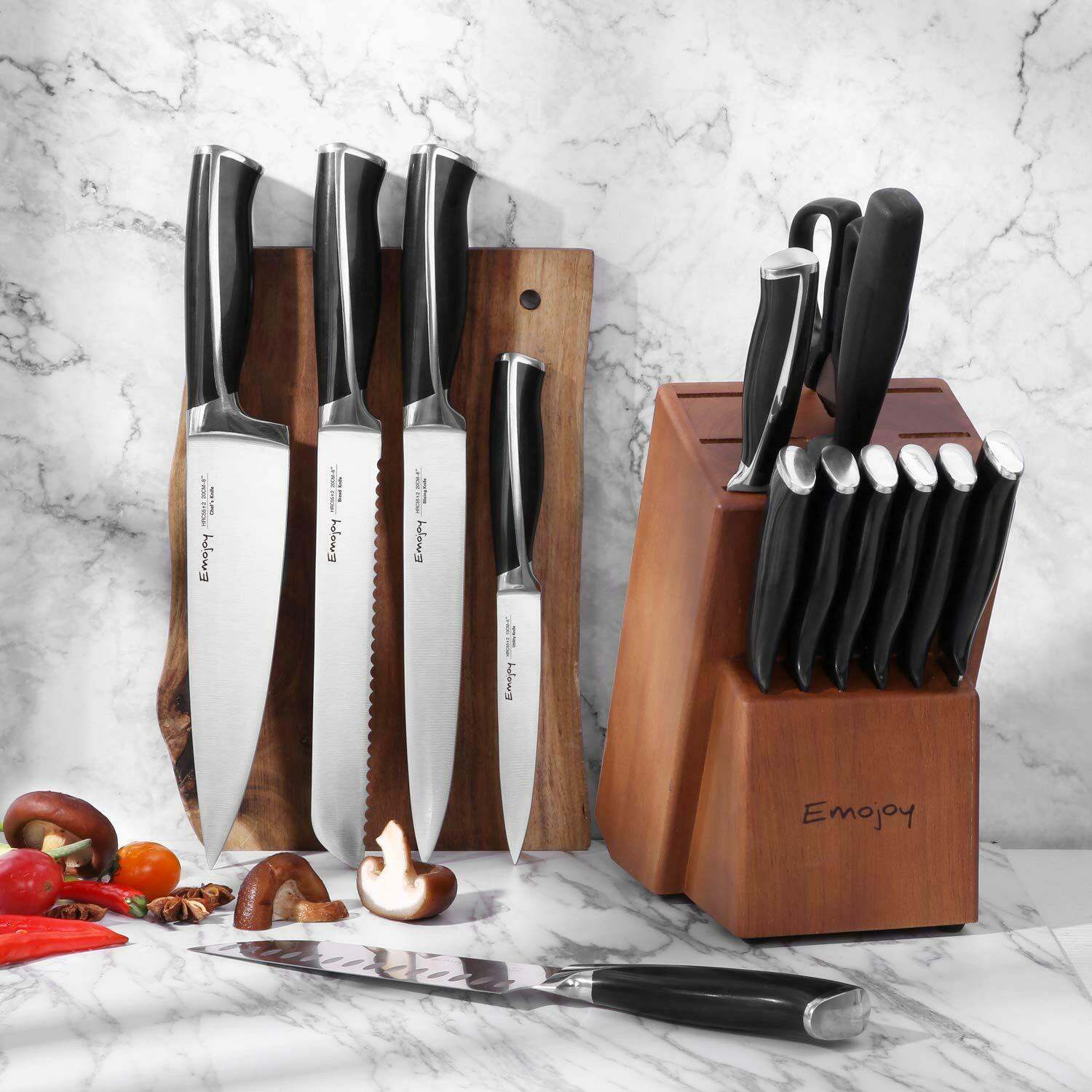 Emojoy Knife Set, 15-Piece Kitchen Knife Set with Block Wooden, Black Handle - Fresh Stock Dated January 2026
