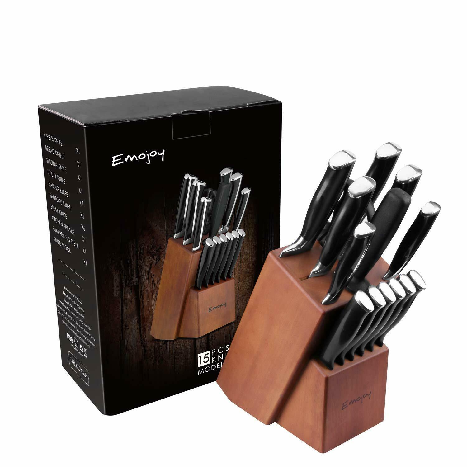 Emojoy Knife Set, 15-Piece Kitchen Knife Set with Block Wooden, Black Handle - Fresh Stock Dated January 2026