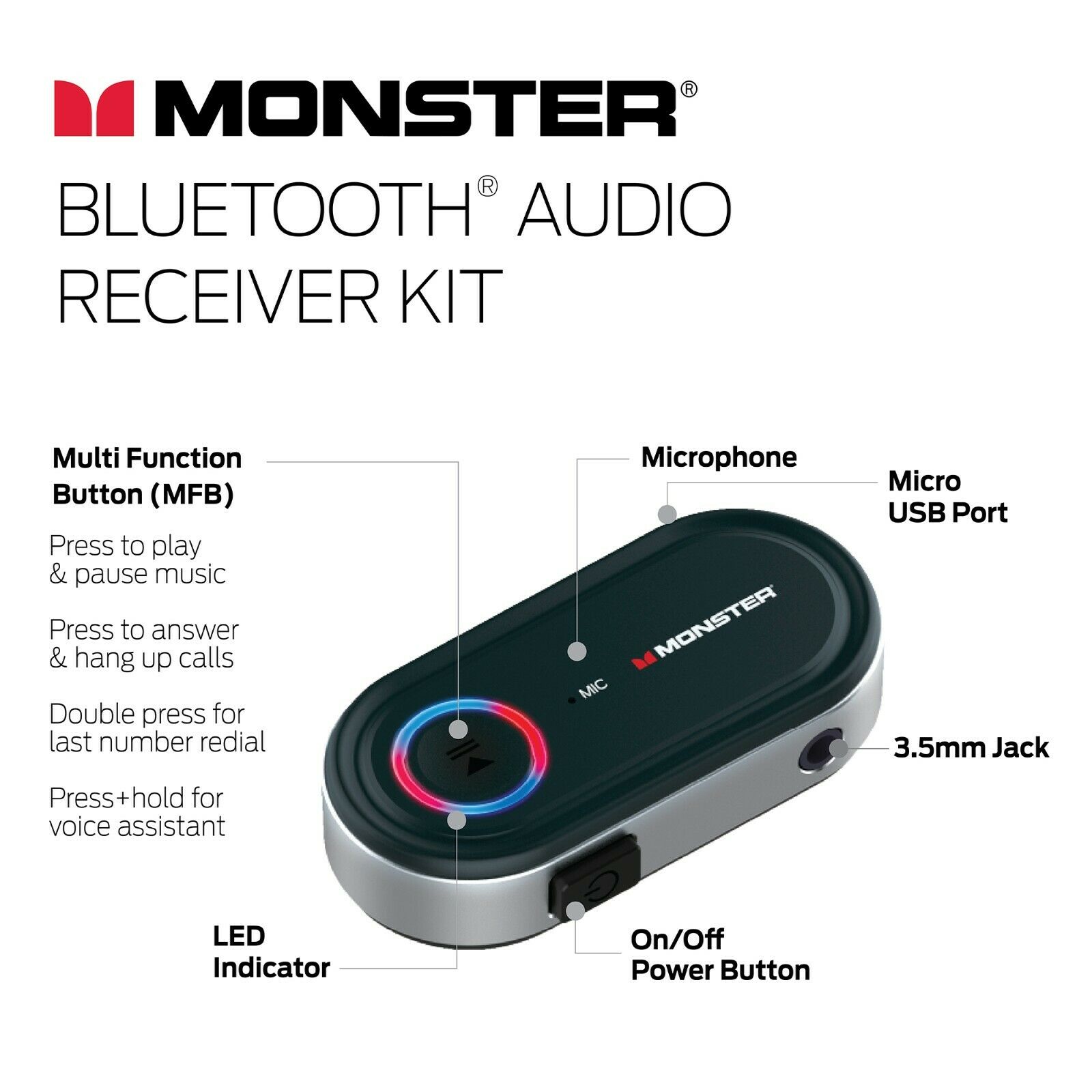 Monster Bluetooth Receiver to 3.5mm Audio Jack - Stream Bluetooth to Any Device - Fresh Stock Dated December 2025