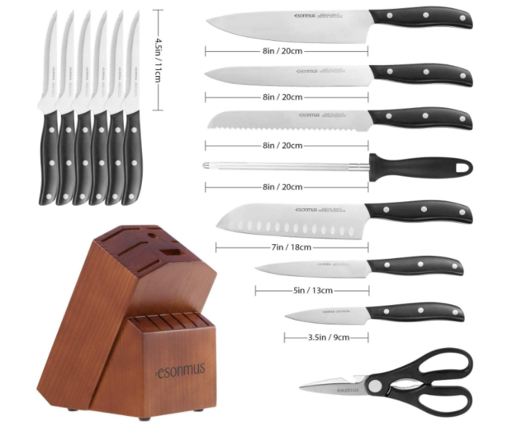 15-Piece German Stainless Steel Kitchen Knife Set with Wooden Block & Sharpener - Fresh Stock Dated January 2026