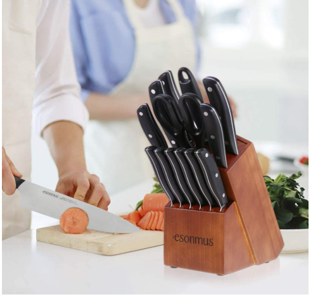 15-Piece German Stainless Steel Kitchen Knife Set with Wooden Block & Sharpener - Fresh Stock Dated January 2026