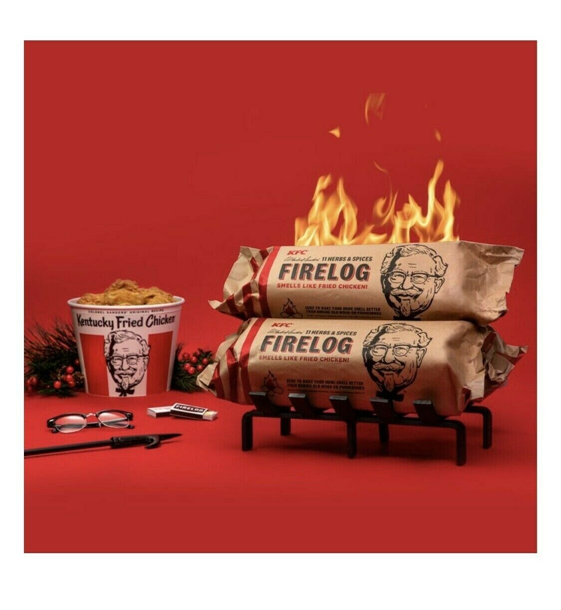 Lot of 2 KFC FIRE LOG 11 HERBS & SPICES ENVIRO LOG KENTUCKY FRIED CHICKEN - Fresh Stock Dated December 2025
