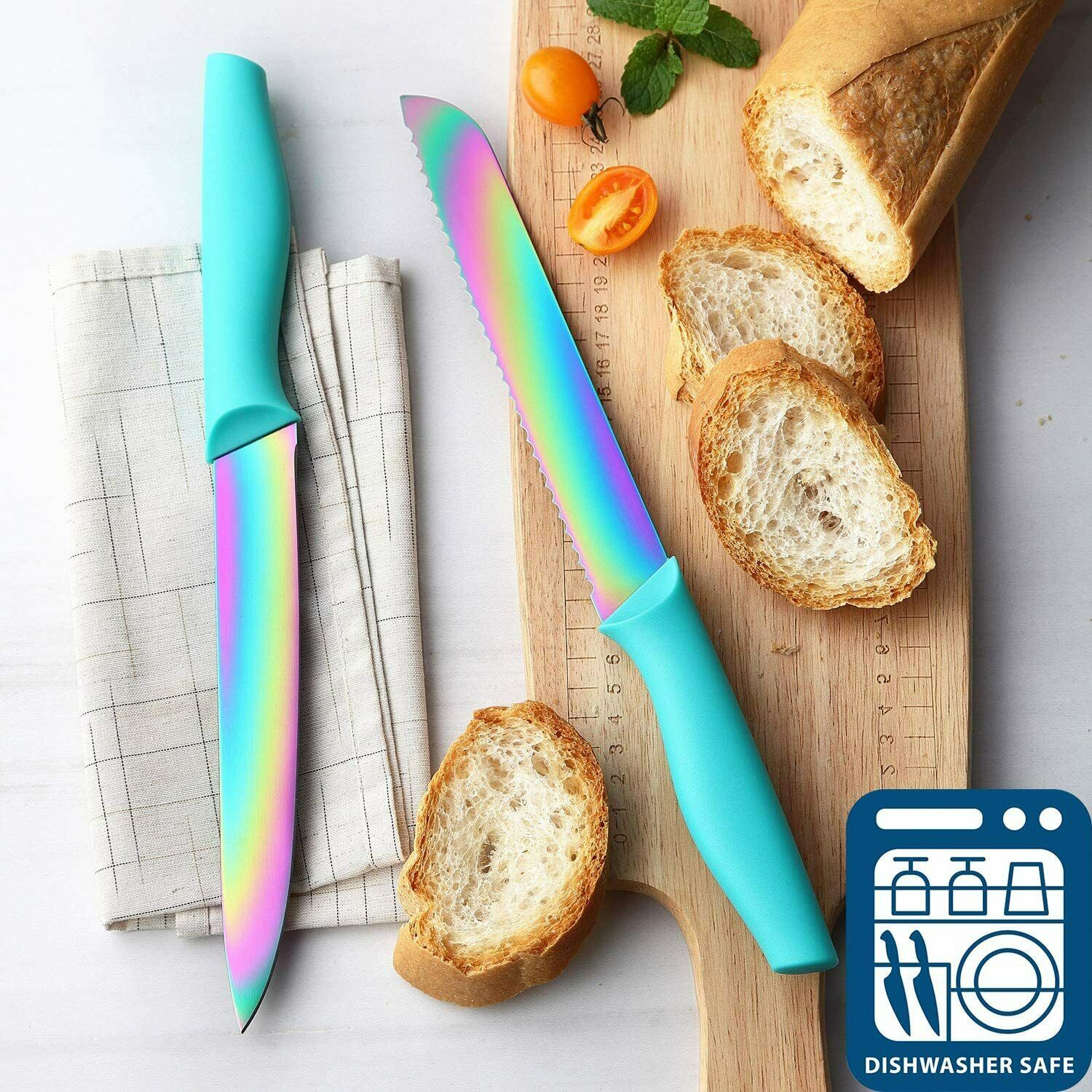 14pcs Kitchen Knife Block Set Rainbow Knife Set with Block Dishwasher Safe - Fresh Stock Dated February 2026