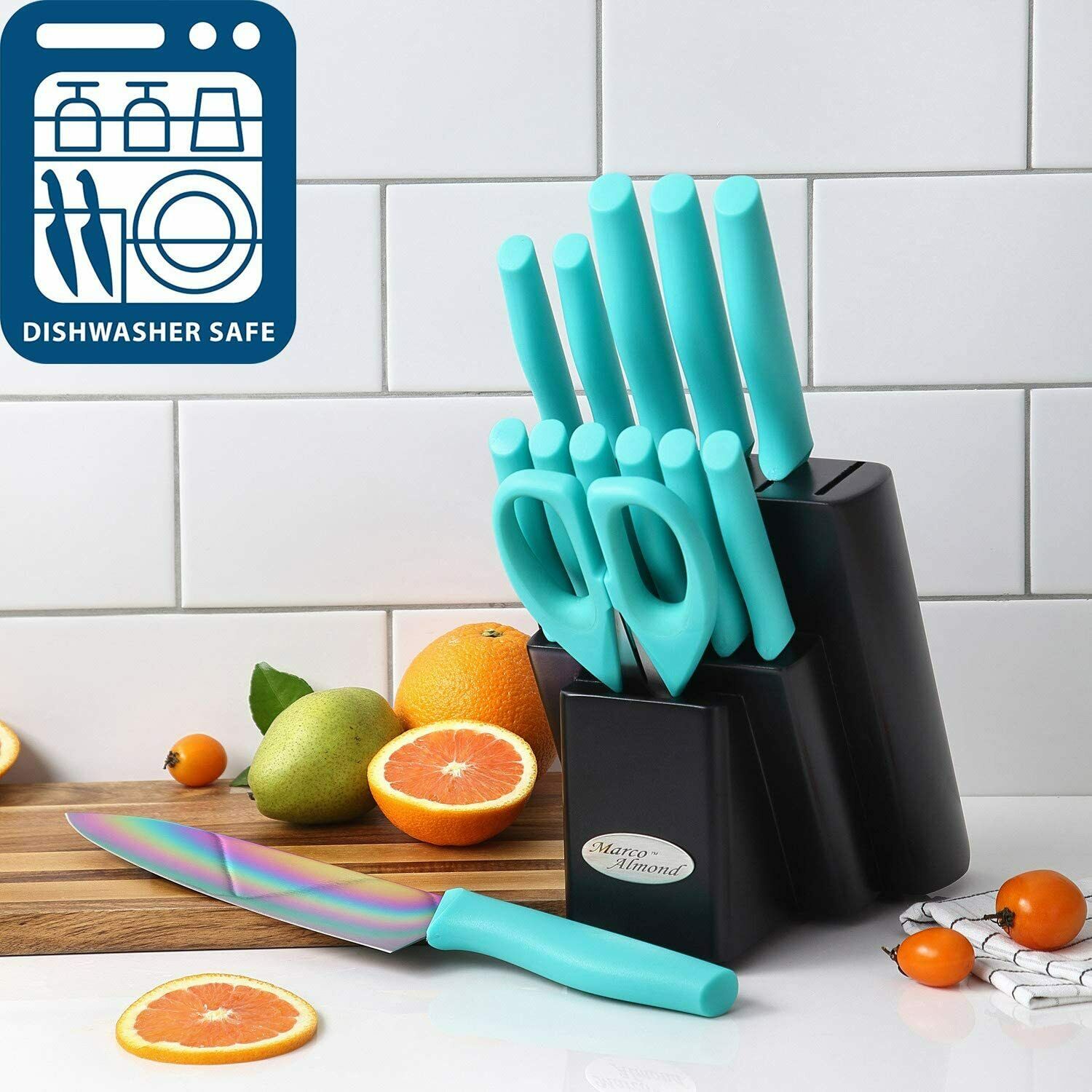 14pcs Kitchen Knife Block Set Rainbow Knife Set with Block Dishwasher Safe - Fresh Stock Dated February 2026