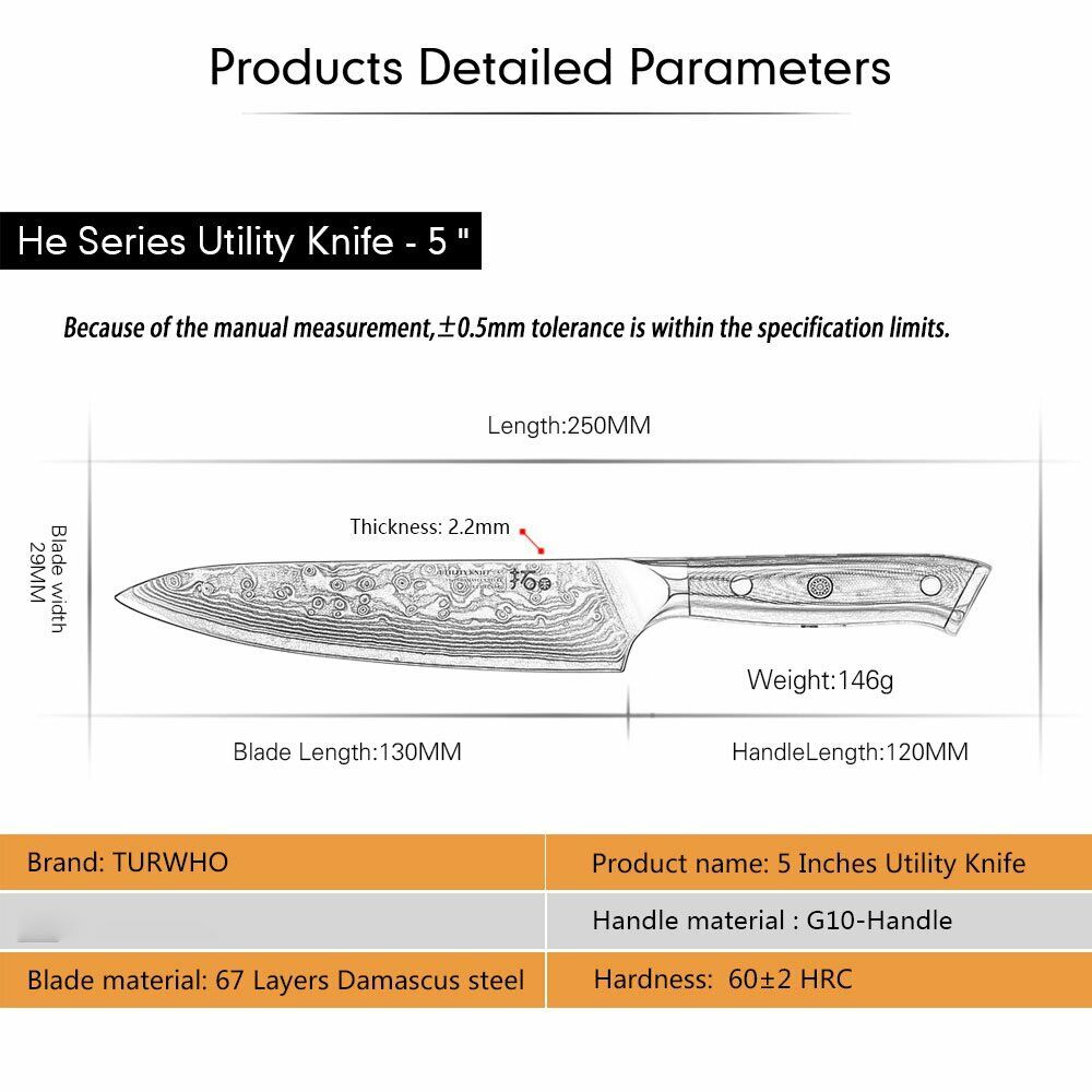 TURWHO 5inch Utility Knife Japanese VG10 Damascus Steel Kitchen Cooking Knife - Fresh Stock Dated February 2026