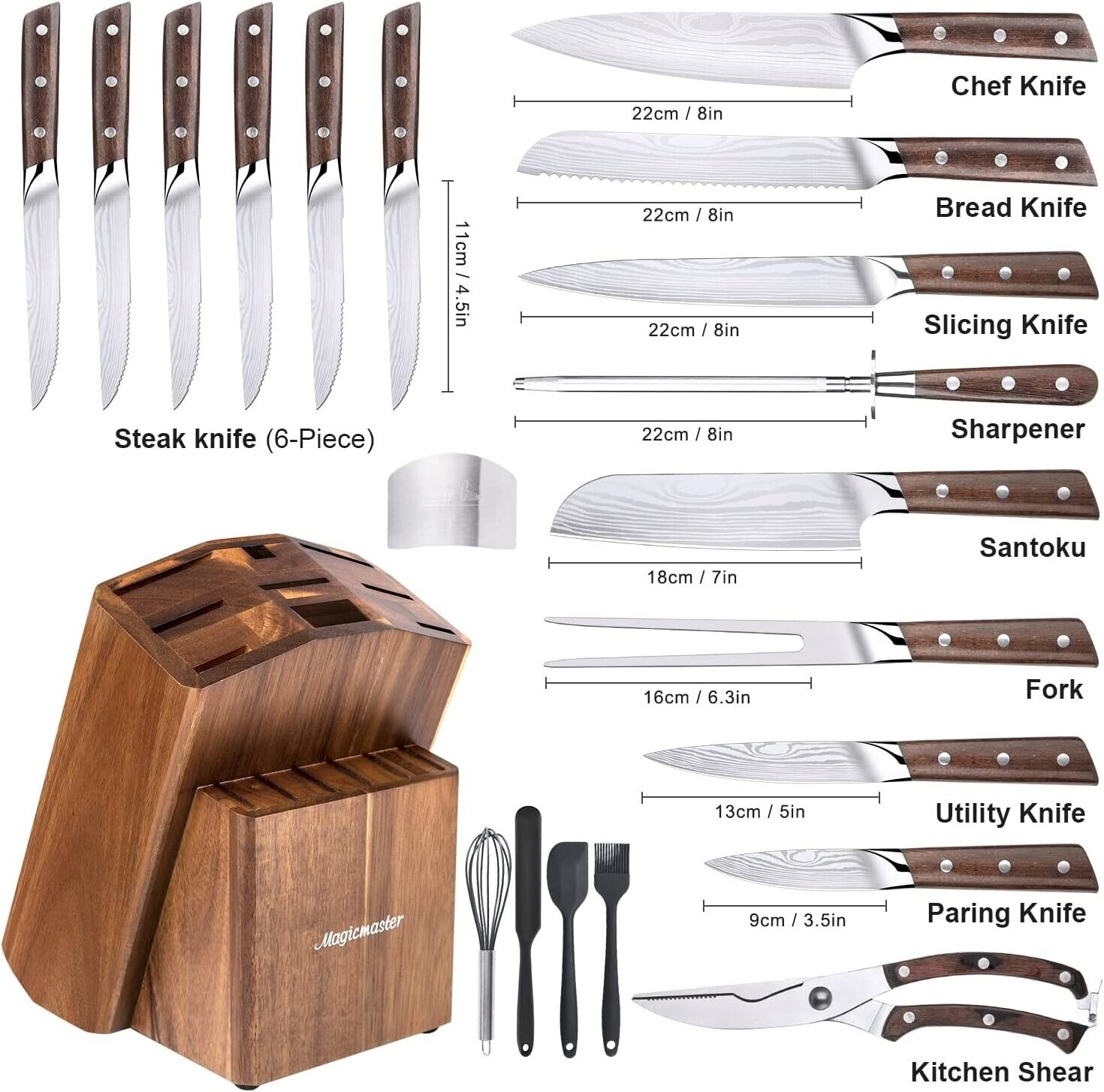 Knife Set, 21-Piece Kitchen Knife Set with Block Wooden German Stainless Steel - Fresh Stock Dated February 2026