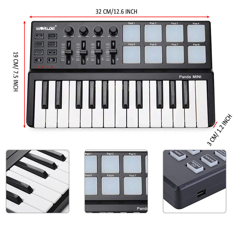 Worlde 25 Keys Pad USB Cable PC Digital Midi Keyboard Controller Pro Audio Mixer - Fresh Stock Dated December 2025