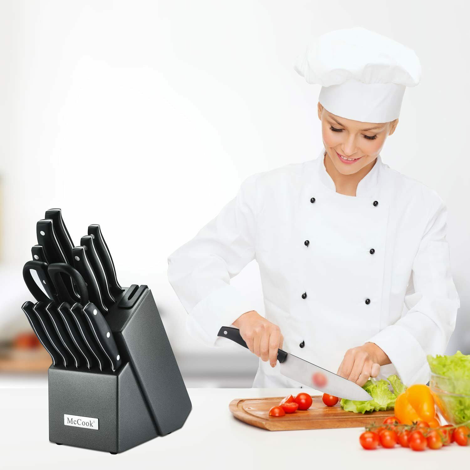 McCook 14-Piece Kitchen Knife Block Set Built-in Sharpener Full Tang Cutlery Set - Fresh Stock Dated January 2026