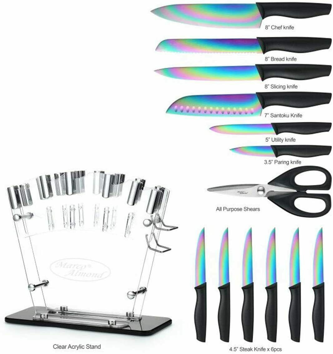 Dishwasher Safe 14-Piece Rainbow Knife Set with Bllock Stand Stainless Steel - Fresh Stock Dated February 2026