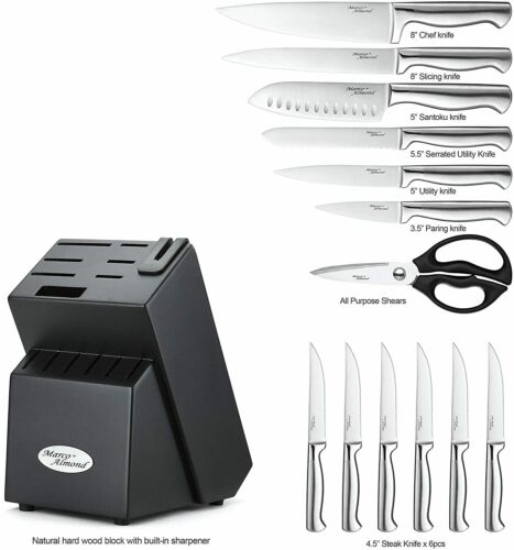 14-Piece Kitchen Cutlery Knife Set with Block Built-in Sharpener Stainless Steel - Fresh Stock Dated January 2026