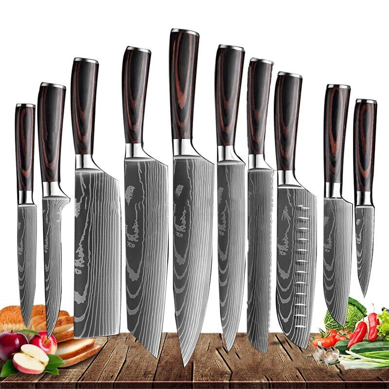 Kitchen Knife Set Japanese Damascus Pattern Chef Knives Stainless Steel Cleaver - Fresh Stock Dated February 2026