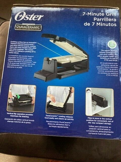 New Oster 7 Minute Vertical Flip DuraCeramic Indoor Grill - Black NIB - Fresh Stock Dated February 2026