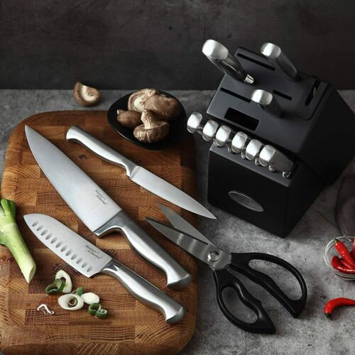 14-Piece Kitchen Cutlery Knife Set with Block Built-in Sharpener Stainless Steel - Fresh Stock Dated January 2026