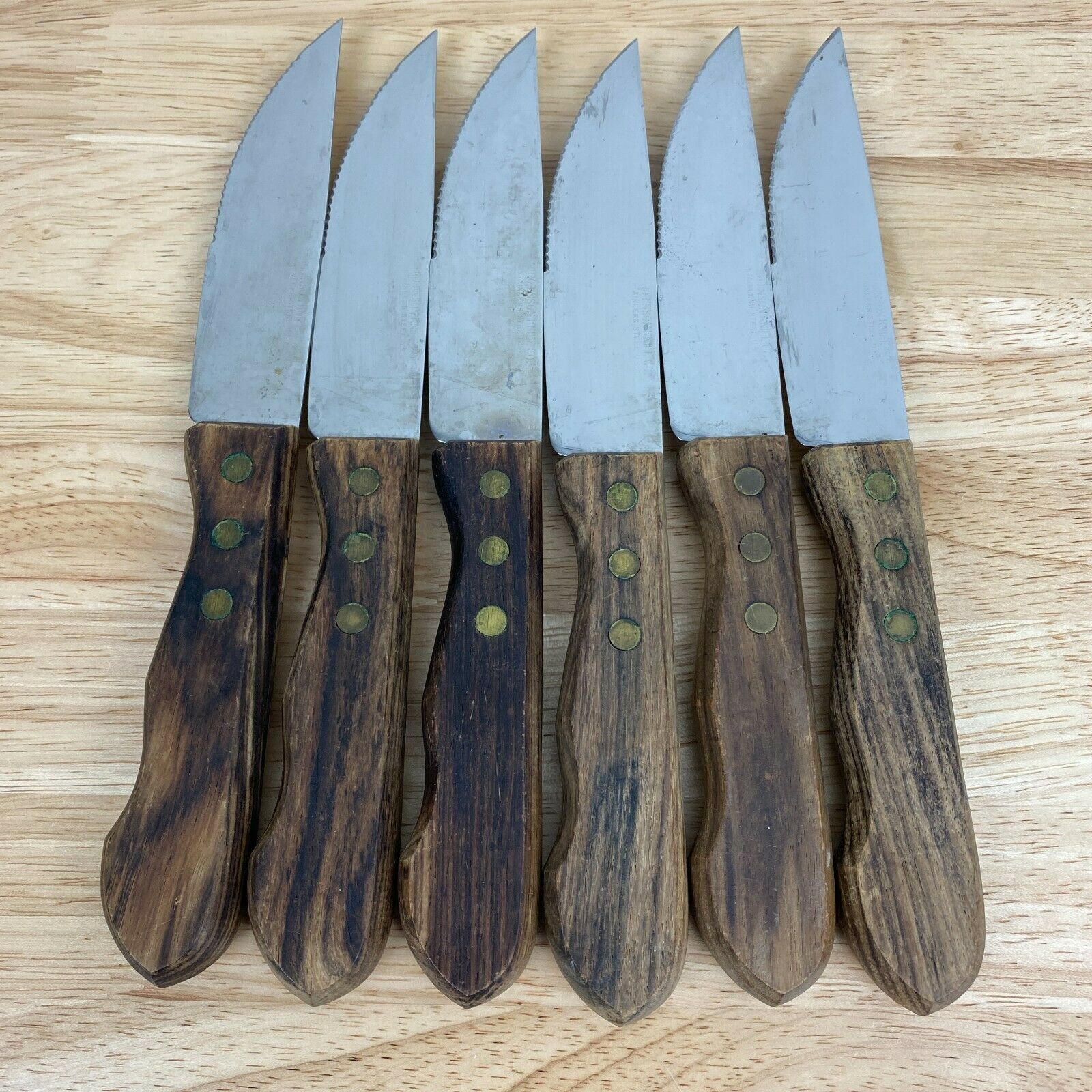 Vintage Set of 6 Robinson Stainless Steel Steak Knives Serrated Wood - Fresh Stock Dated February 2026