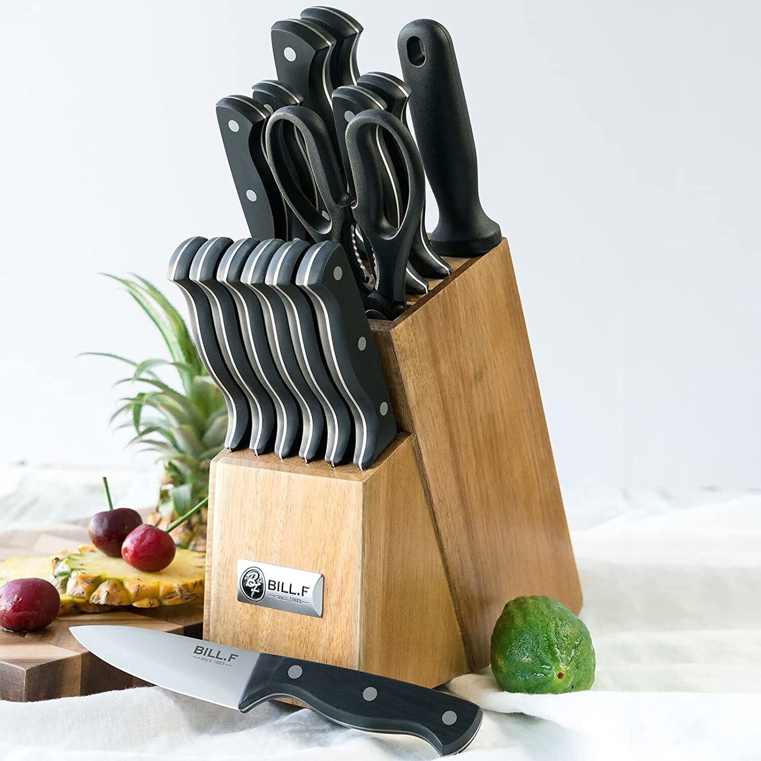 Kitchen Knife Set, 15-Piece Knife Set with Built-In Sharpener and Wooden Block - Fresh Stock Dated February 2026