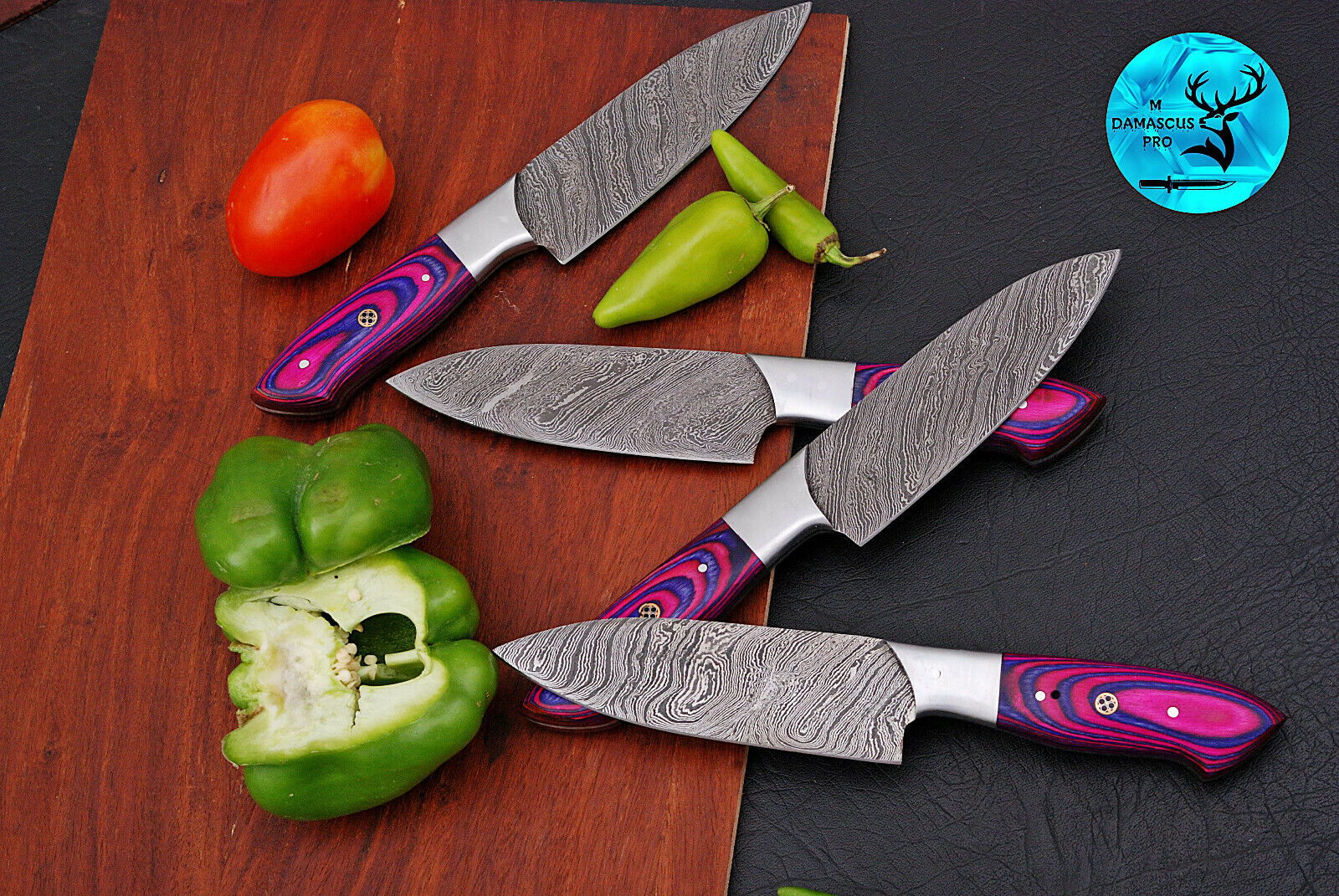FOUR DAMASCUS STEEL STEAK CHEF KNIFE SET WITH WOOD & STEEL HANDLE - AJ 1626 - Fresh Stock Dated February 2026