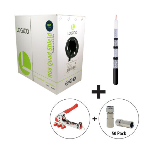 RG6 Quad Shield CoaxCable 500FT Black+Crimp Tool+50xF-Type CompressConnector Kit - Fresh Stock Dated December 2025