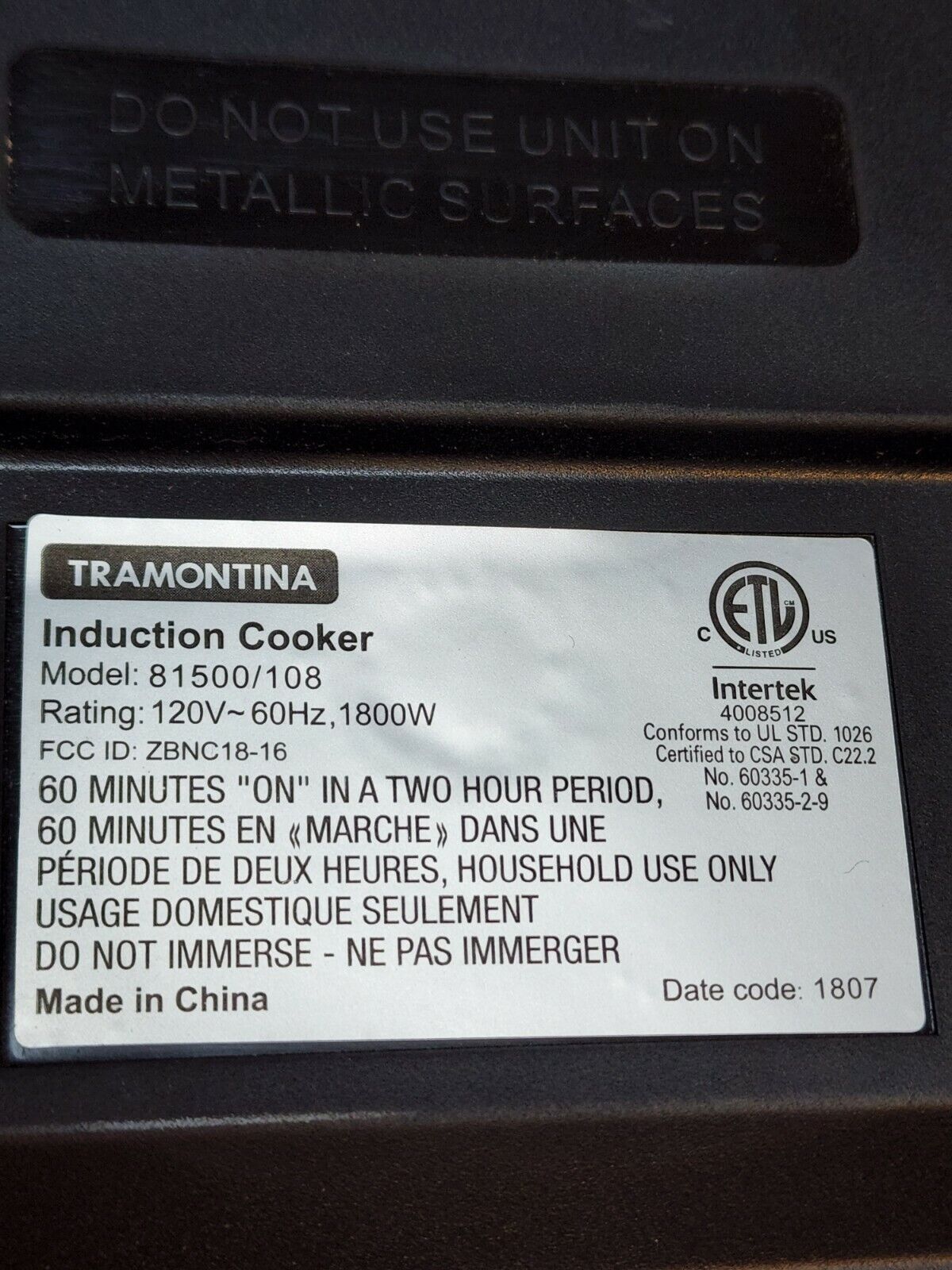 Tramontina Single Hop Induction Cooktop 81500/108 1800W RV Camping Boat - Fresh Stock Dated February 2026