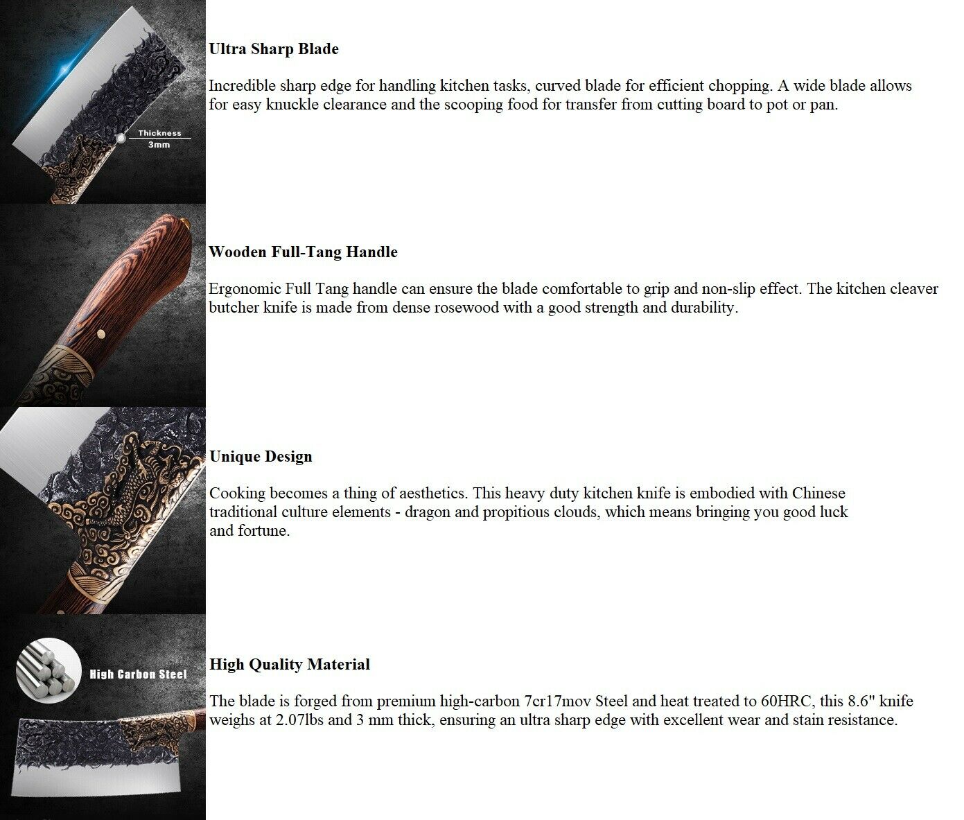 Kitchen Knife  Stainless Steel Chef Professional Cleaver Butcher Sharp Knives - Fresh Stock Dated January 2026