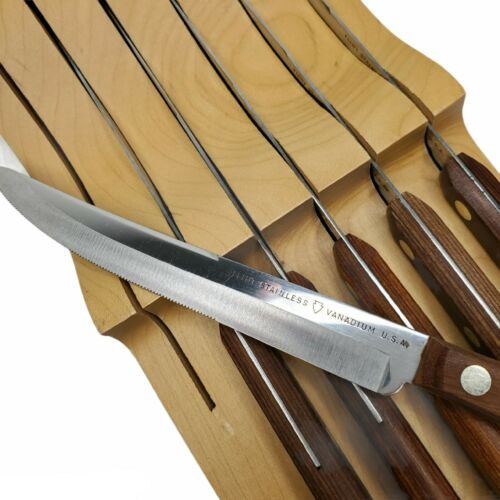 Vintage Ekco Flint Steak Knife Set Vanadium Wooden Wall Mount Block Stainless - Fresh Stock Dated January 2026