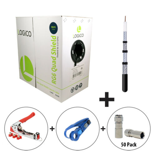 RG6 Quad Shield CoaxCable 500FT Black+Strip Tool+Crimp Tool+50F-Type Connect Kit - Fresh Stock Dated December 2025