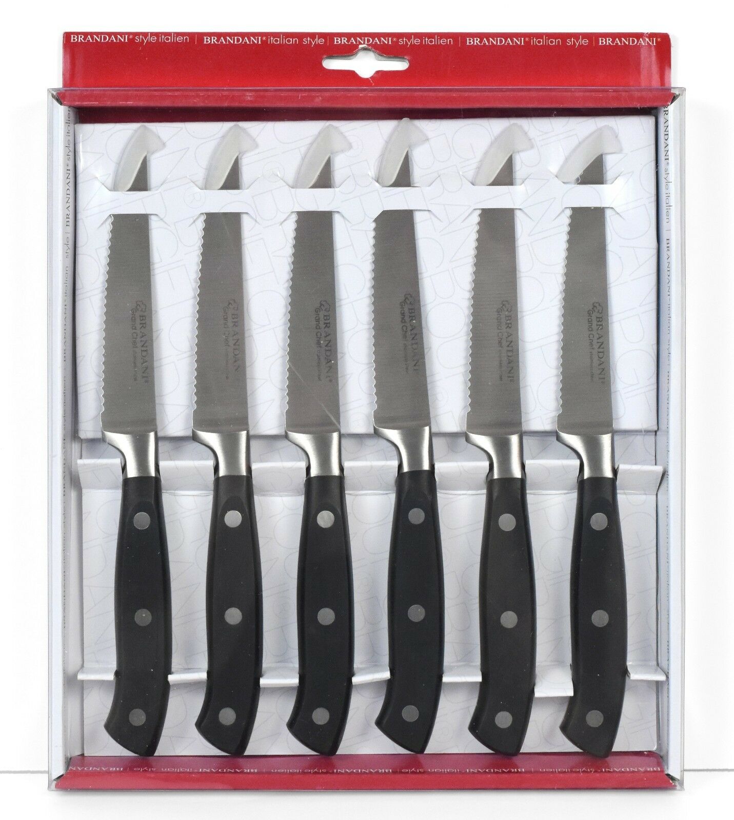 *NEW* 6 x Brandani Forged Stainless Steel Steak Knives - Black Handles *NIB* - Fresh Stock Dated February 2026