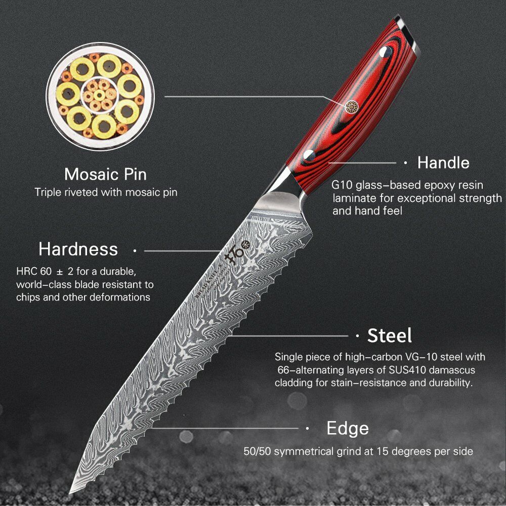 TURWHO 8inch Bread Knife 67-Layer Japanese VG10 Damascus Steel Kitchen Knives - Fresh Stock Dated February 2026