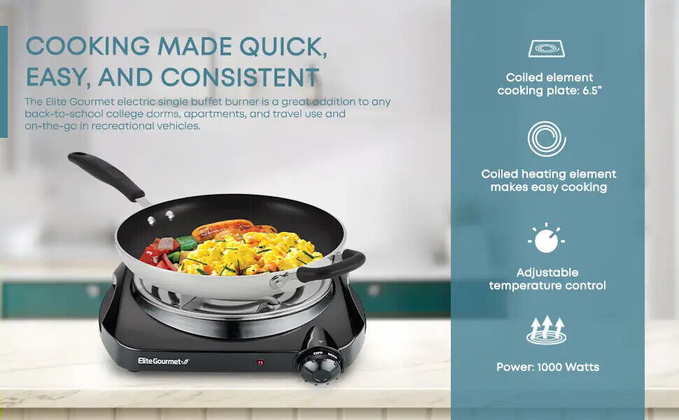 Elite Gourmet  Countertop Single Coiled Burner, 1100 Watts Electric Hot Plate - Fresh Stock Dated February 2026