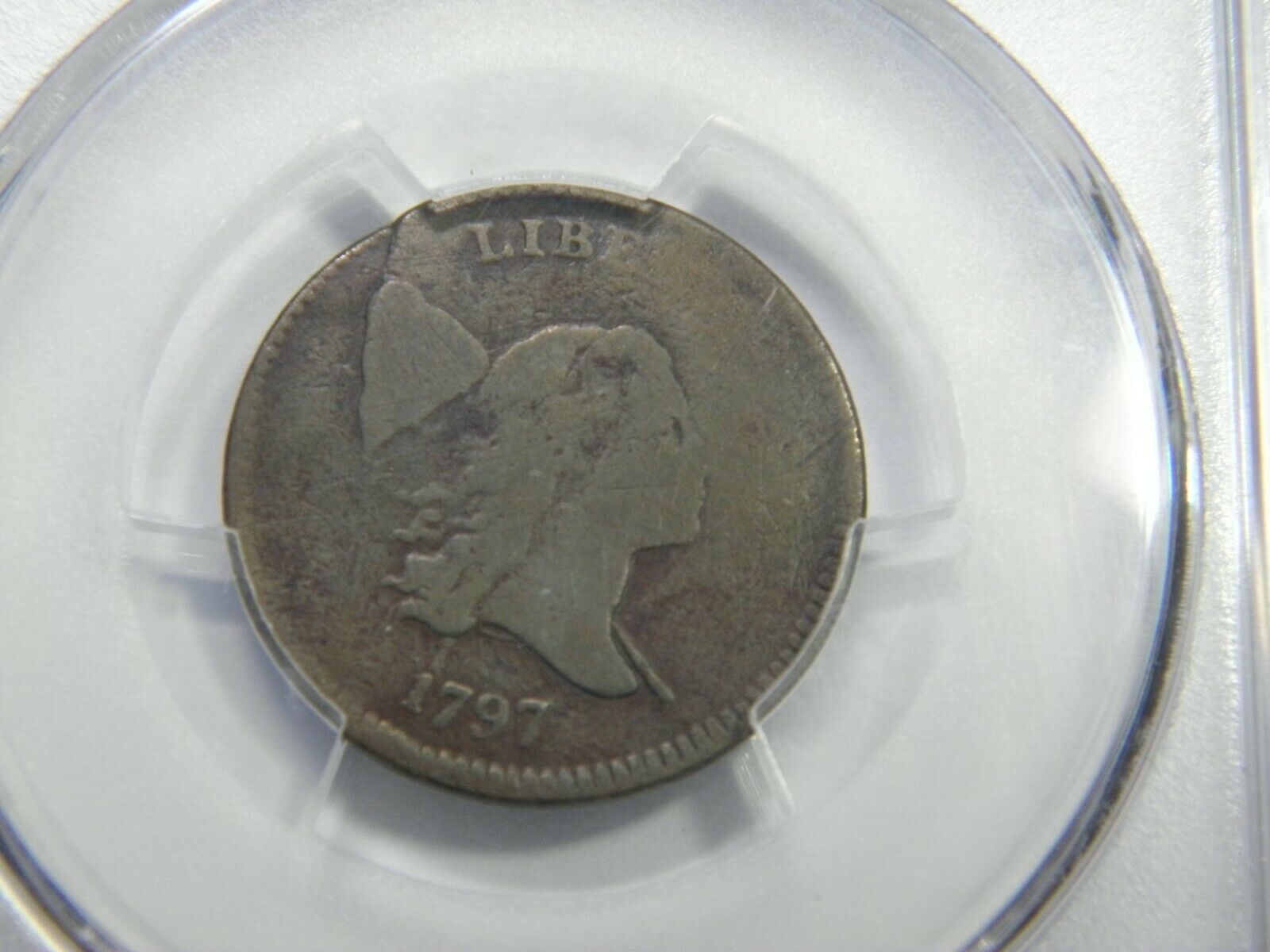 1797 LIBERTY CAP 1/2c 1OVER1 PCGS SECURE G-DET. LOOKS MUCH NICER THAN IT SOUNDS - Fresh Stock Dated December 2025