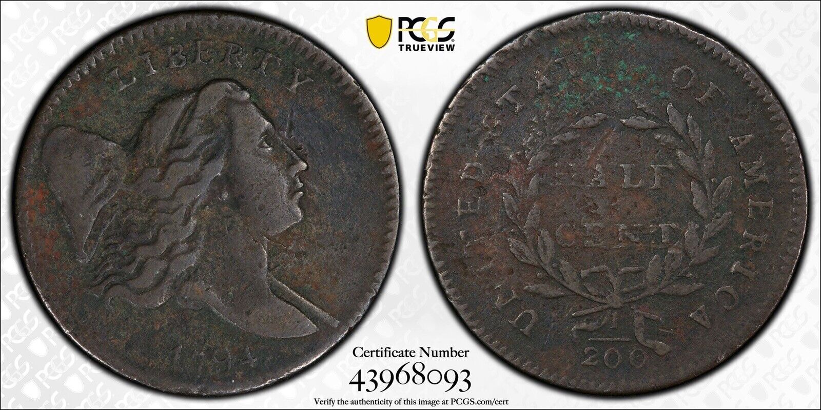 1794 1/2c Liberty Cap Half Cent PCGS Genuine VF Details C-2a Sm Edge Letters US - Fresh Stock Dated December 2025