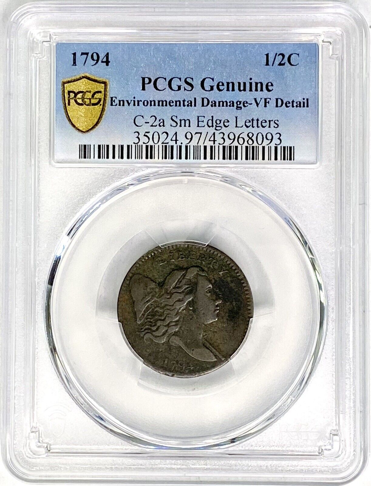 1794 1/2c Liberty Cap Half Cent PCGS Genuine VF Details C-2a Sm Edge Letters US - Fresh Stock Dated December 2025