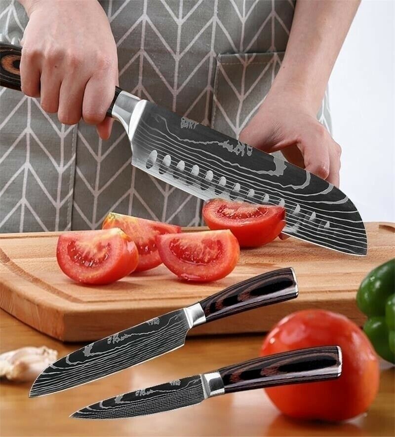 Kitchen Chef Knife Set 8 Pcs Stainless Steel Damascus Pattern Sharp Cleaver Gift - Fresh Stock Dated January 2026