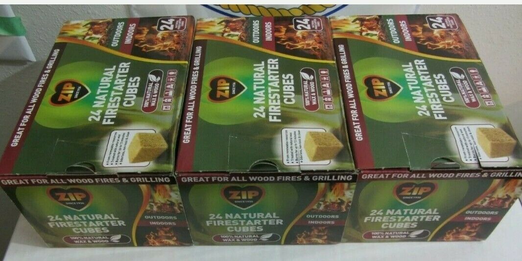 Lot (3) 24-pack ZIP natural firestarter 100% wax wood outdoor/indoor = 72 cubes! - Fresh Stock Dated January 2026