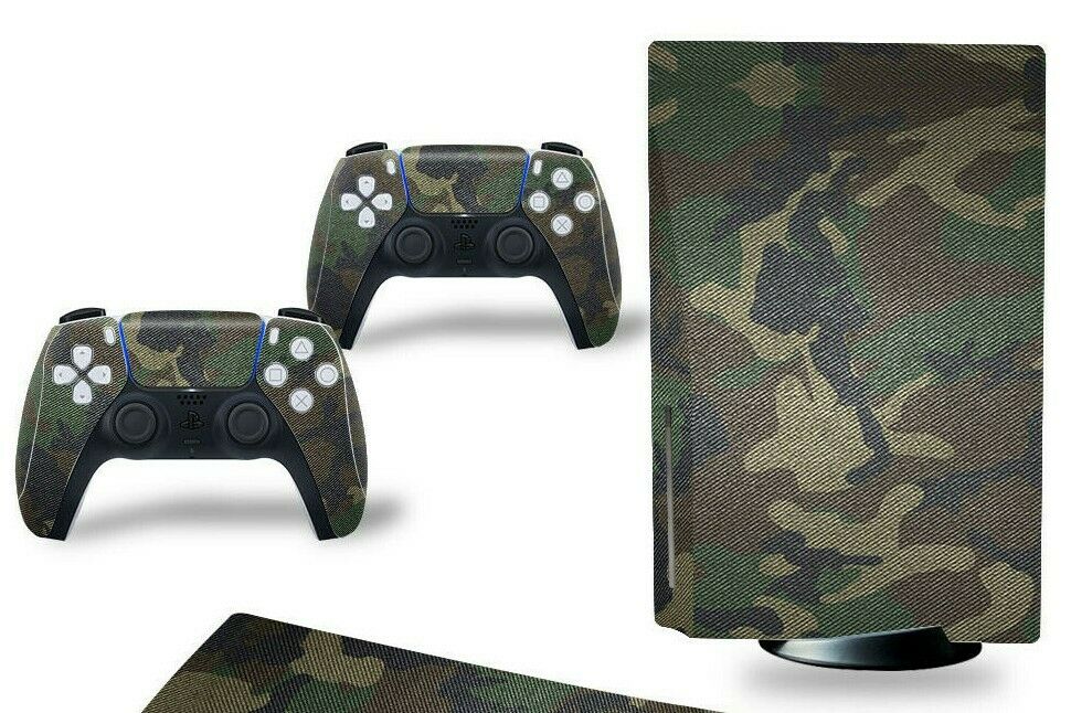 For PS5 Disc Edition Console & 2 Controller Green Camo Vinyl Wrap Skin Decal - Fresh Stock Dated December 2025