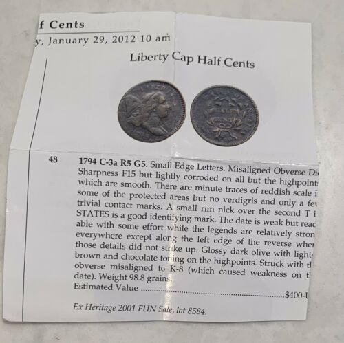 1794 Liberty Cap Half Cent C3a Small Edge Letters R5 G5 - F+ Details Lt Corosion - Fresh Stock Dated December 2025