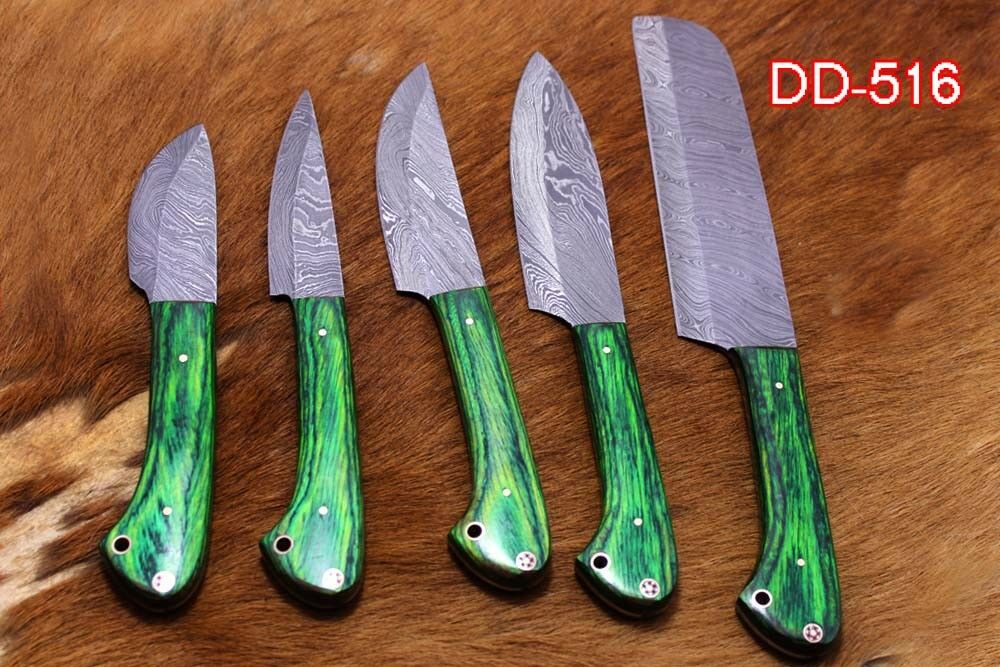 5 piece Green wood Kitchen knife set, hand forged Damascus steel, Leather sheath - Fresh Stock Dated February 2026