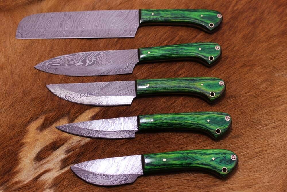 5 piece Green wood Kitchen knife set, hand forged Damascus steel, Leather sheath - Fresh Stock Dated February 2026