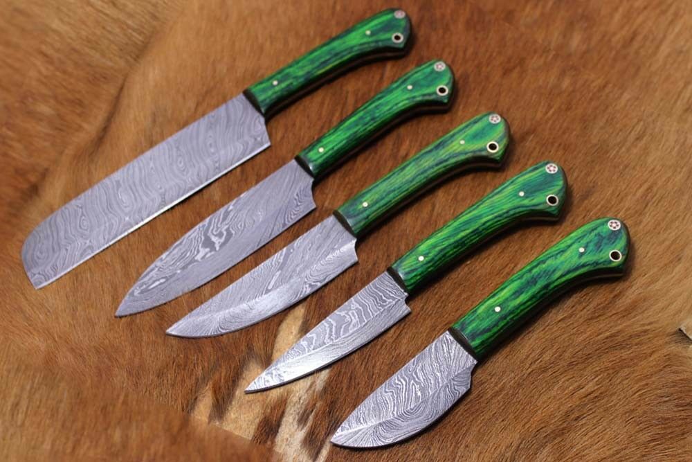 5 piece Green wood Kitchen knife set, hand forged Damascus steel, Leather sheath - Fresh Stock Dated February 2026