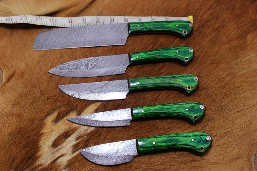 5 piece Green wood Kitchen knife set, hand forged Damascus steel, Leather sheath - Fresh Stock Dated February 2026