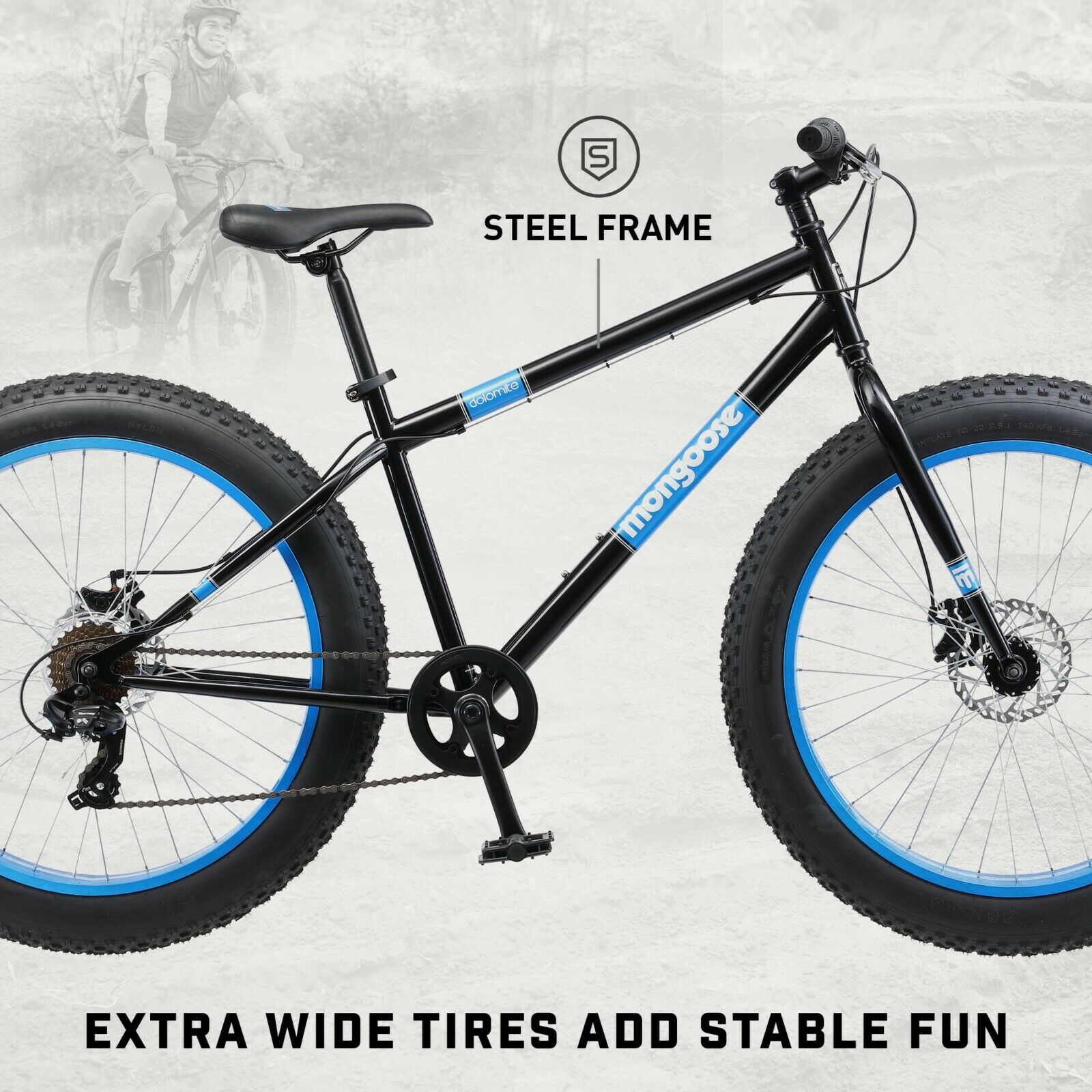 Mongoose Dolomite Men's Fat Tire Bike, 26-inch wheels, 7 speeds, Black - Fresh Stock Dated December 2025