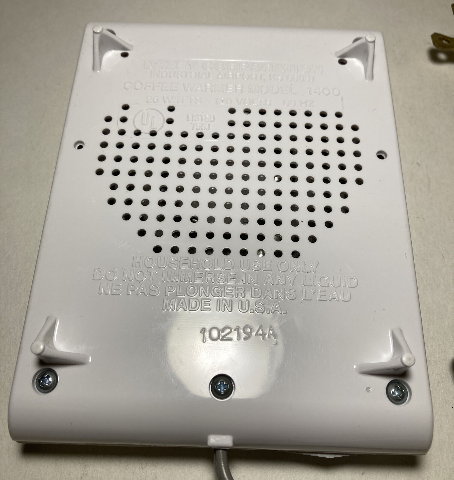 DAZEY Model 1400 Coffee Soup Beverage Cup Mug Warmer 25 Watts Vintage Works - Fresh Stock Dated February 2026