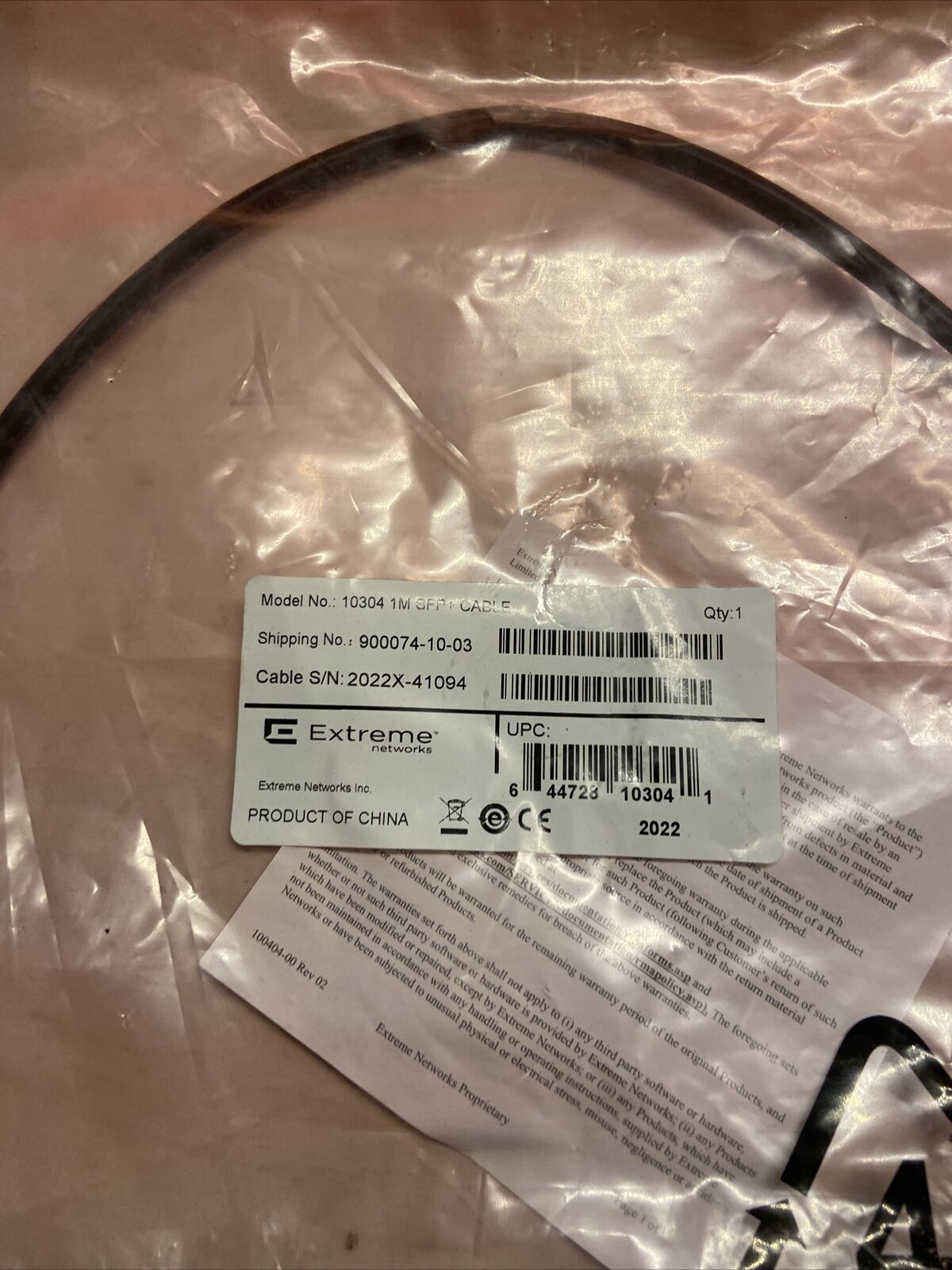 Extreme Networks 10304 10 Gigabit Ethernet SFP Plus Passive Cable - Fresh Stock Dated December 2025