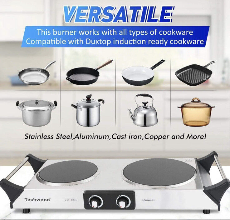 Techwood ES-3203 Electric Portable Double Hot Plate Countertop Burner Stainless - Fresh Stock Dated February 2026