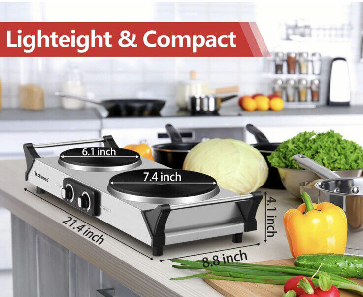Techwood ES-3203 Electric Portable Double Hot Plate Countertop Burner Stainless - Fresh Stock Dated February 2026
