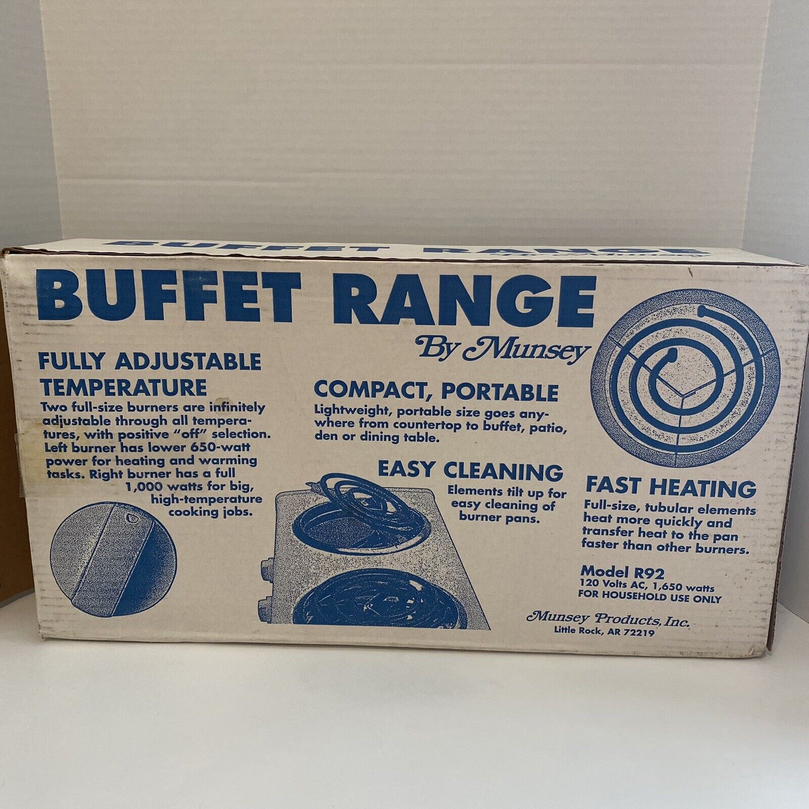 Vintage Munsey Table Top Buffet Range 650 Watts/1,000 Watts/120 Volt Model R-92 - Fresh Stock Dated February 2026