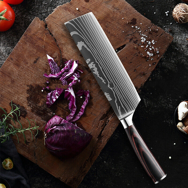 Kitchen Chef Knife Set 8 Pcs Stainless Steel Damascus Pattern Sharp Cleaver Gift - Fresh Stock Dated January 2026