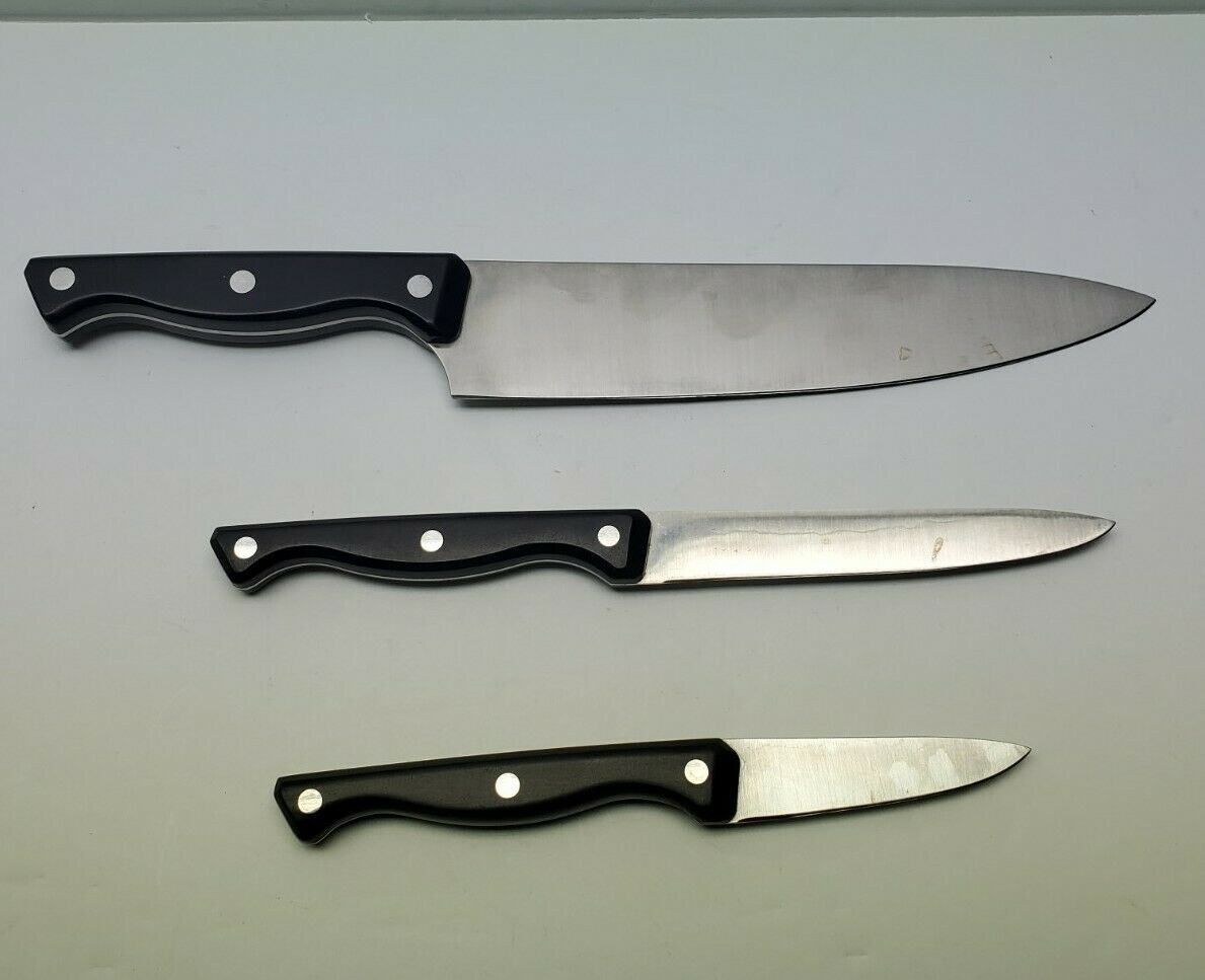 Set Of 3 Pampered Chef Knives With Self Sharpening Sheaths 8” 5” 3” Blades black - Fresh Stock Dated January 2026