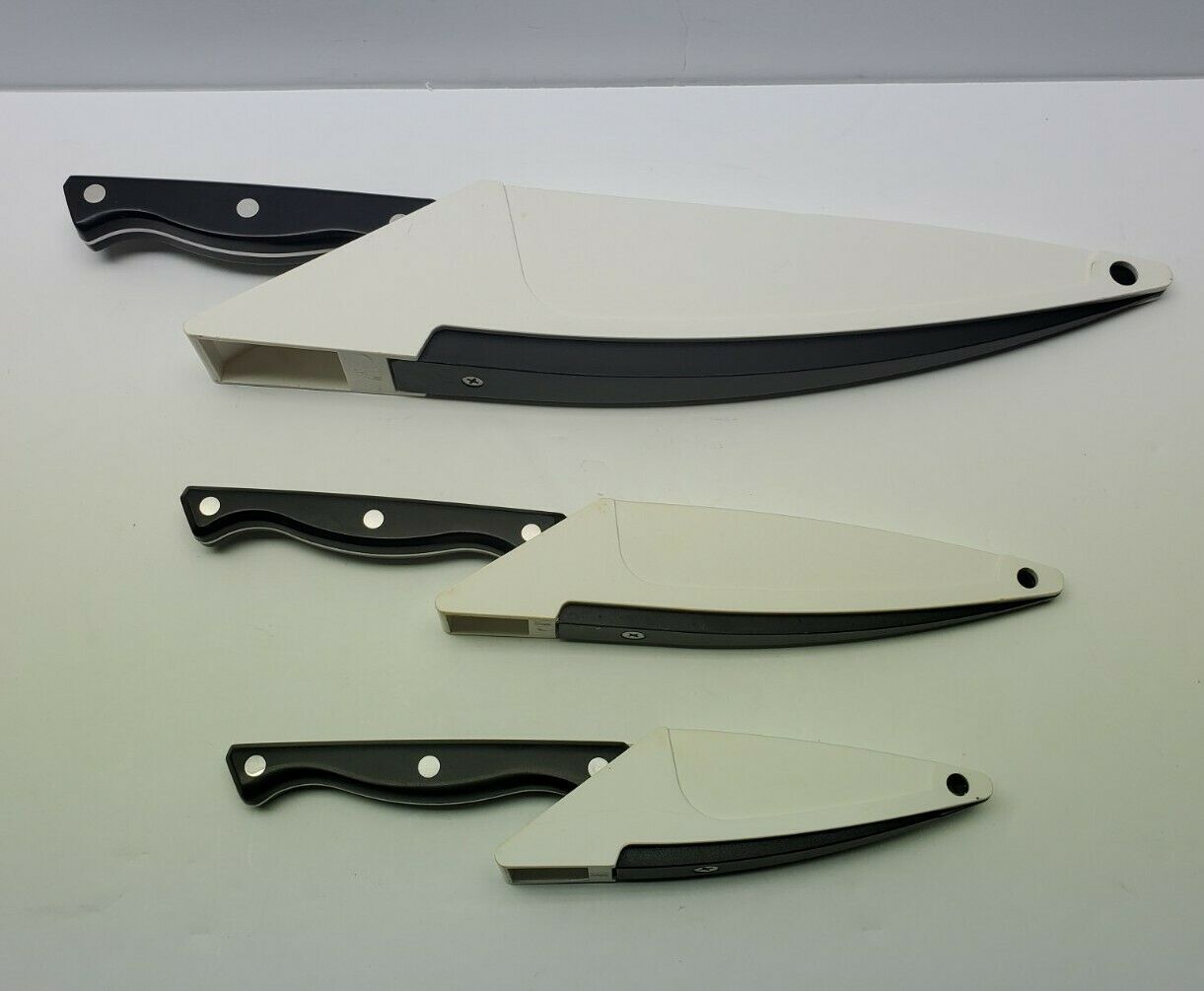 Set Of 3 Pampered Chef Knives With Self Sharpening Sheaths 8” 5” 3” Blades black - Fresh Stock Dated January 2026