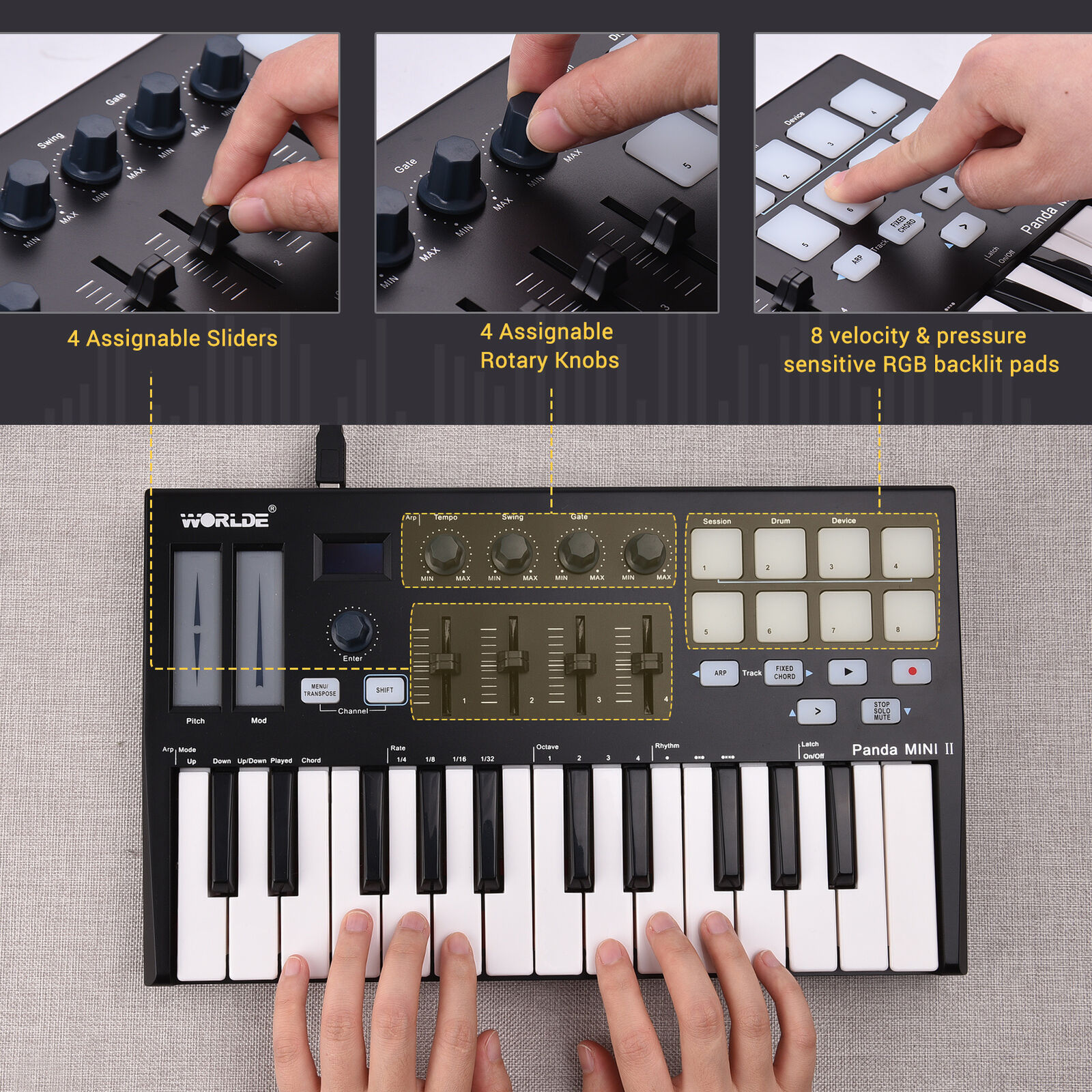 WORLDE Panda MINI II Portable 25- USB MIDI Keyboard Controller with 8 Q7Q5 - Fresh Stock Dated December 2025