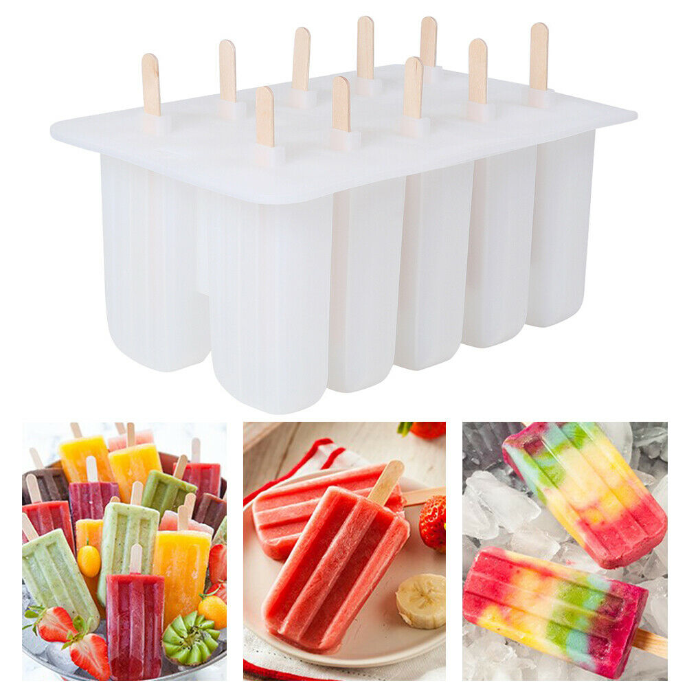 10 Cell Popsicle Molds Silicone DIY Frozen Ice Cream Mold Ice Lolly Pop Maker US - Fresh Stock Dated February 2026